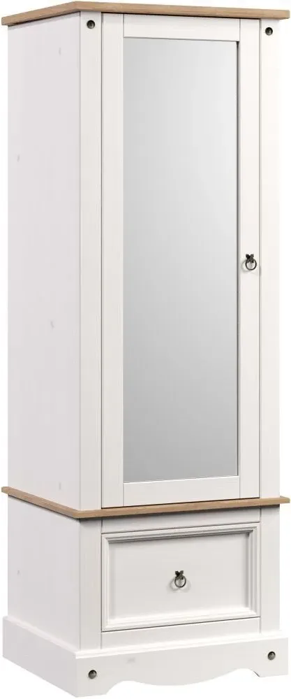 Corona Single Door Mirror Wardrobe with Drawer - White, Pine