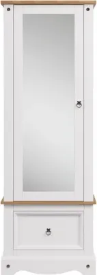 Corona Single Door Mirror Wardrobe with Drawer - White, Pine