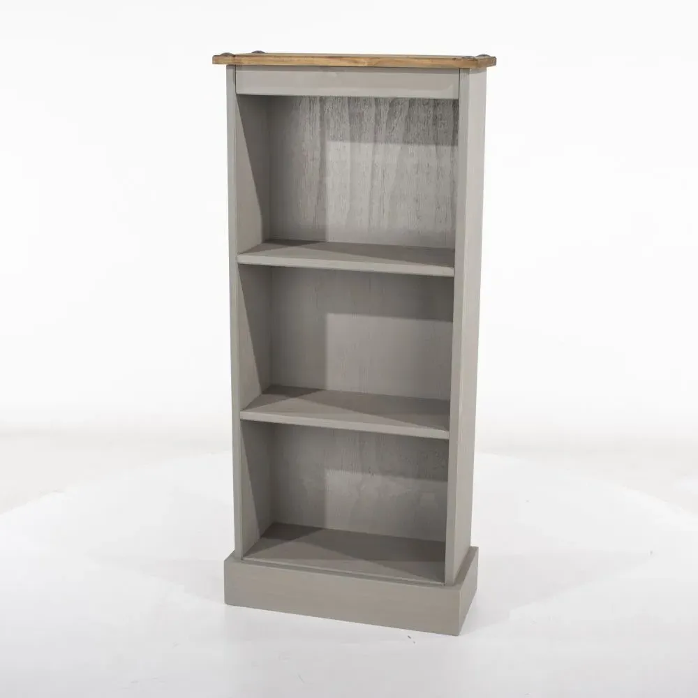 Corson Low Narrow Bookcase - Grey, Mexican Pine
