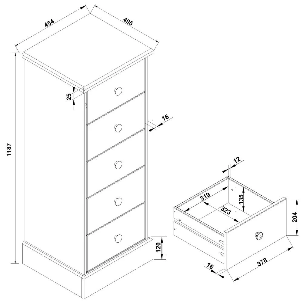 Costilla 5 Drawer Narrow Chest - Pine