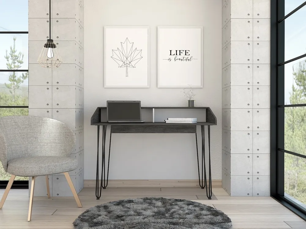 Davis Office Desk - Black, Grey Oak Effect