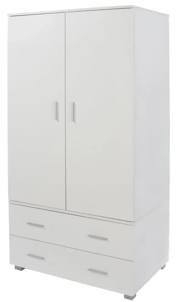 Lorain 2 Door 2 Drawer Wardrobe - White, High Gloss