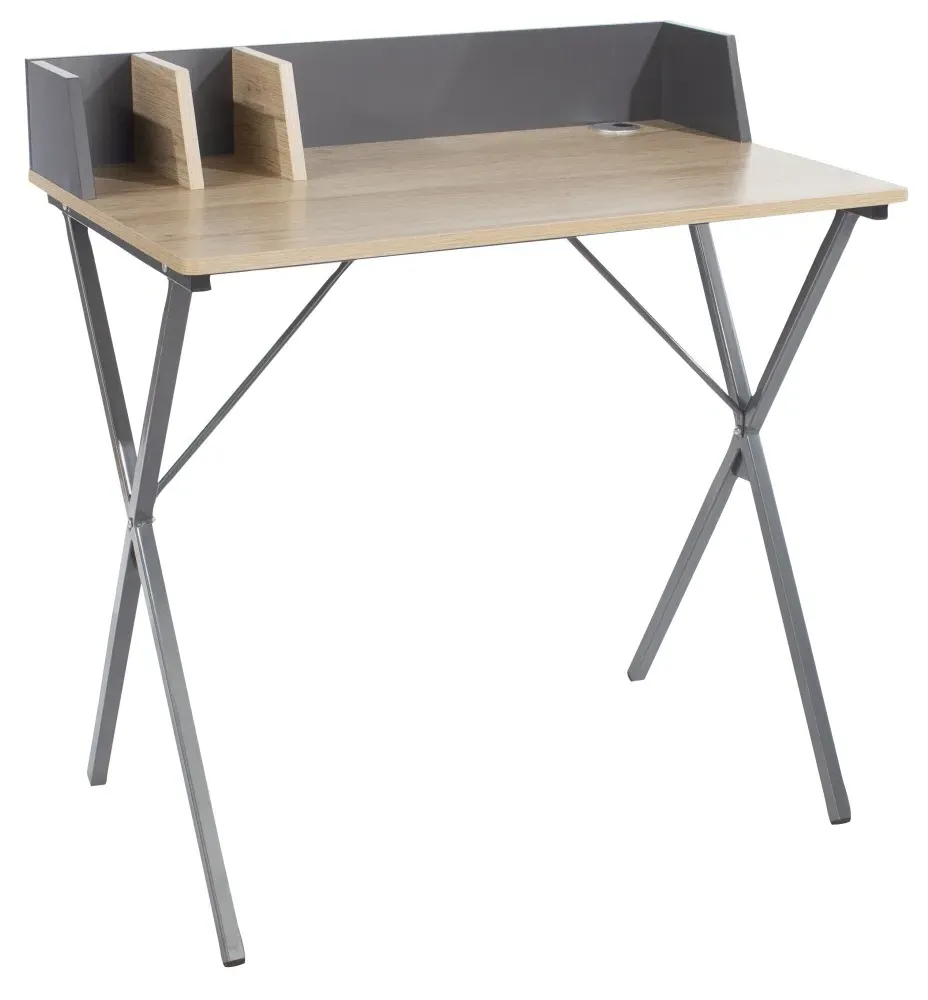 Lyon Oak Study Desk with X Metal Legs - Oak, Grey