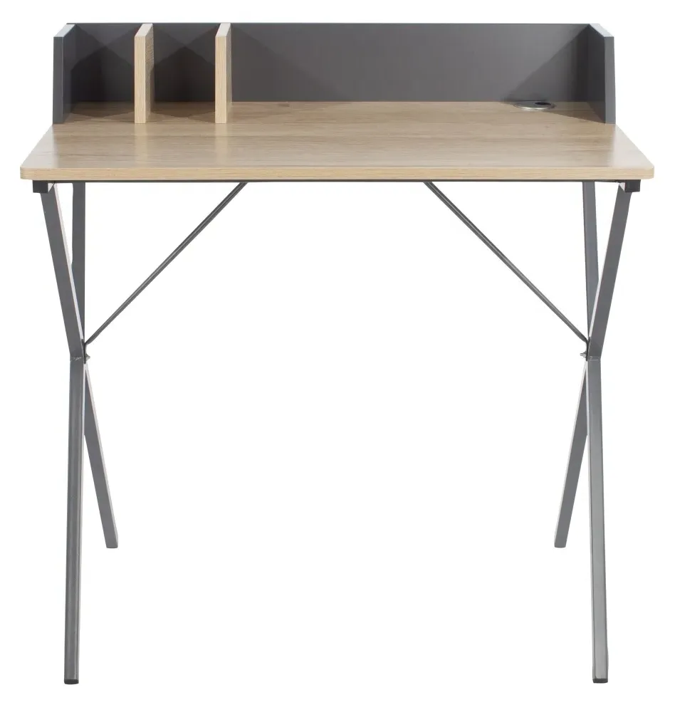 Lyon Oak Study Desk with X Metal Legs - Oak, Grey