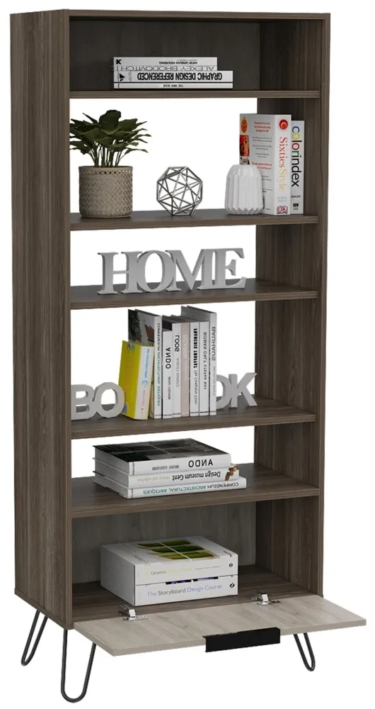 Navarro Bookcase with Hairpin Legs - Grey, Oak Effect