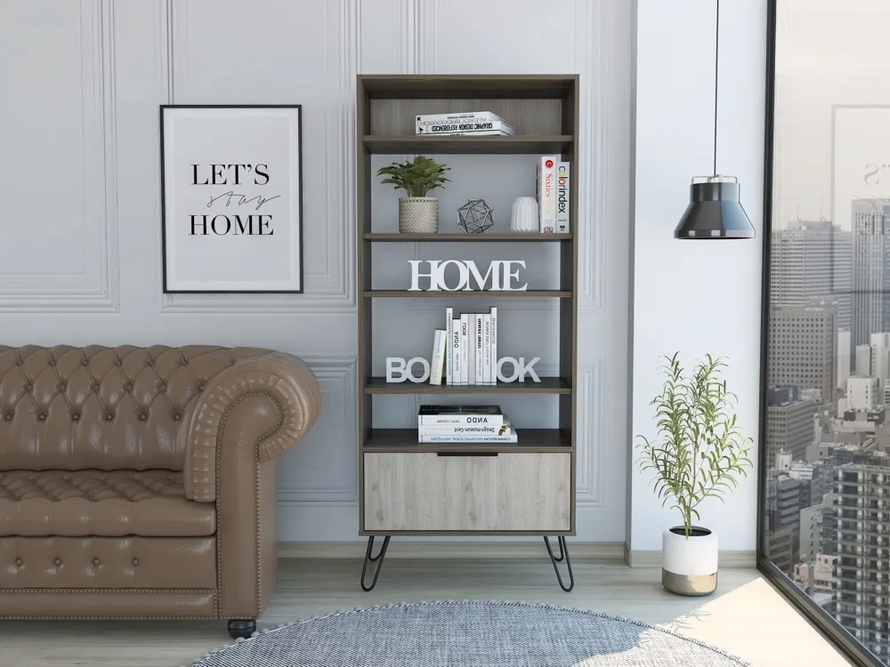 Navarro Bookcase with Hairpin Legs - Grey, Oak Effect