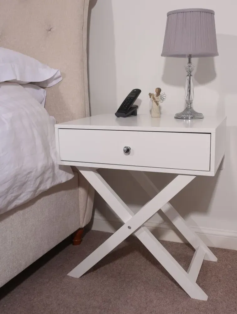 Ozark 1 Drawer Bedside Cabinet with X Legs - White