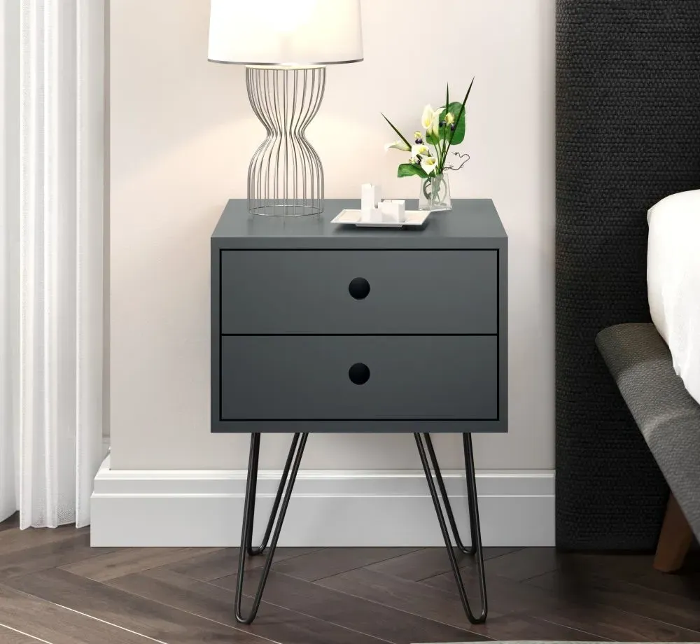 Ozark 2 Drawer Bedside Cabinet with Hairpin Legs - Midnight Blue