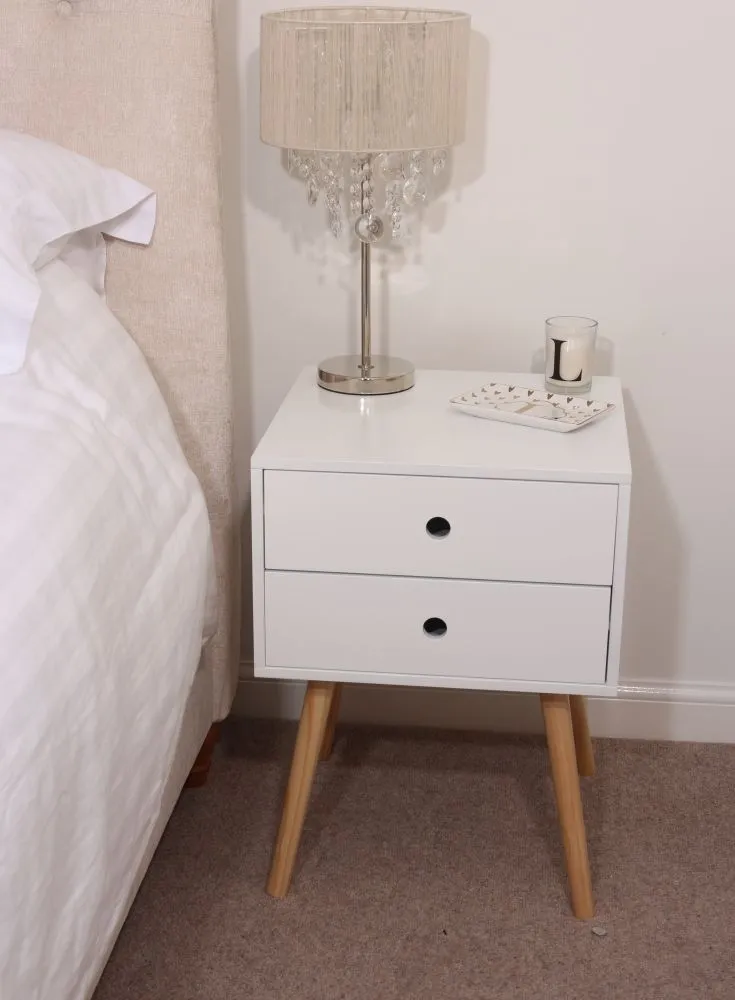 Ozark 2 Drawer Bedside Cabinet with Wooden Legs - White
