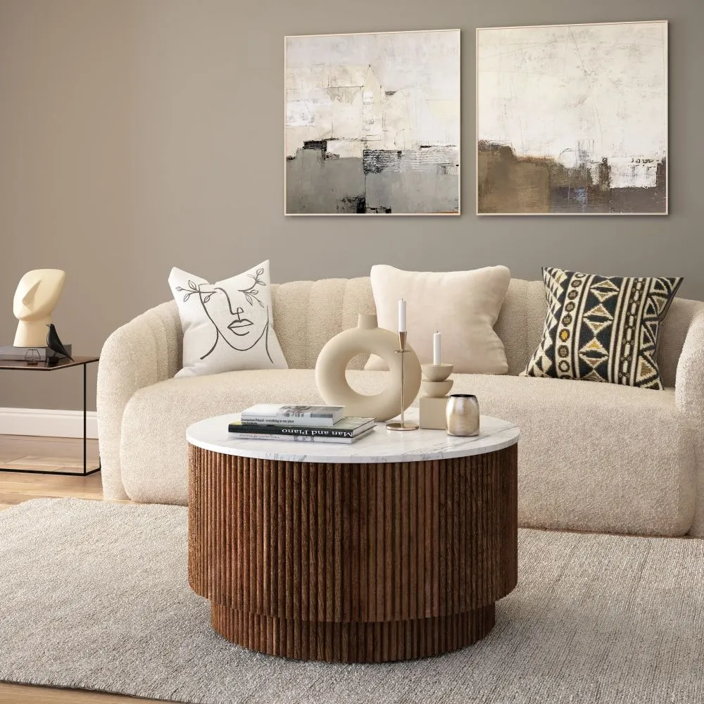 Harvard Round Fluted Coffee Table with Storage - Walnut