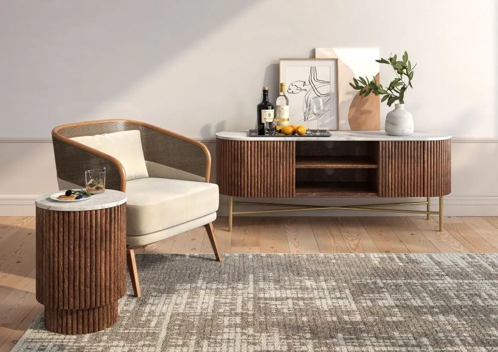 Harvard Round Fluted Side Table - Walnut, Marble