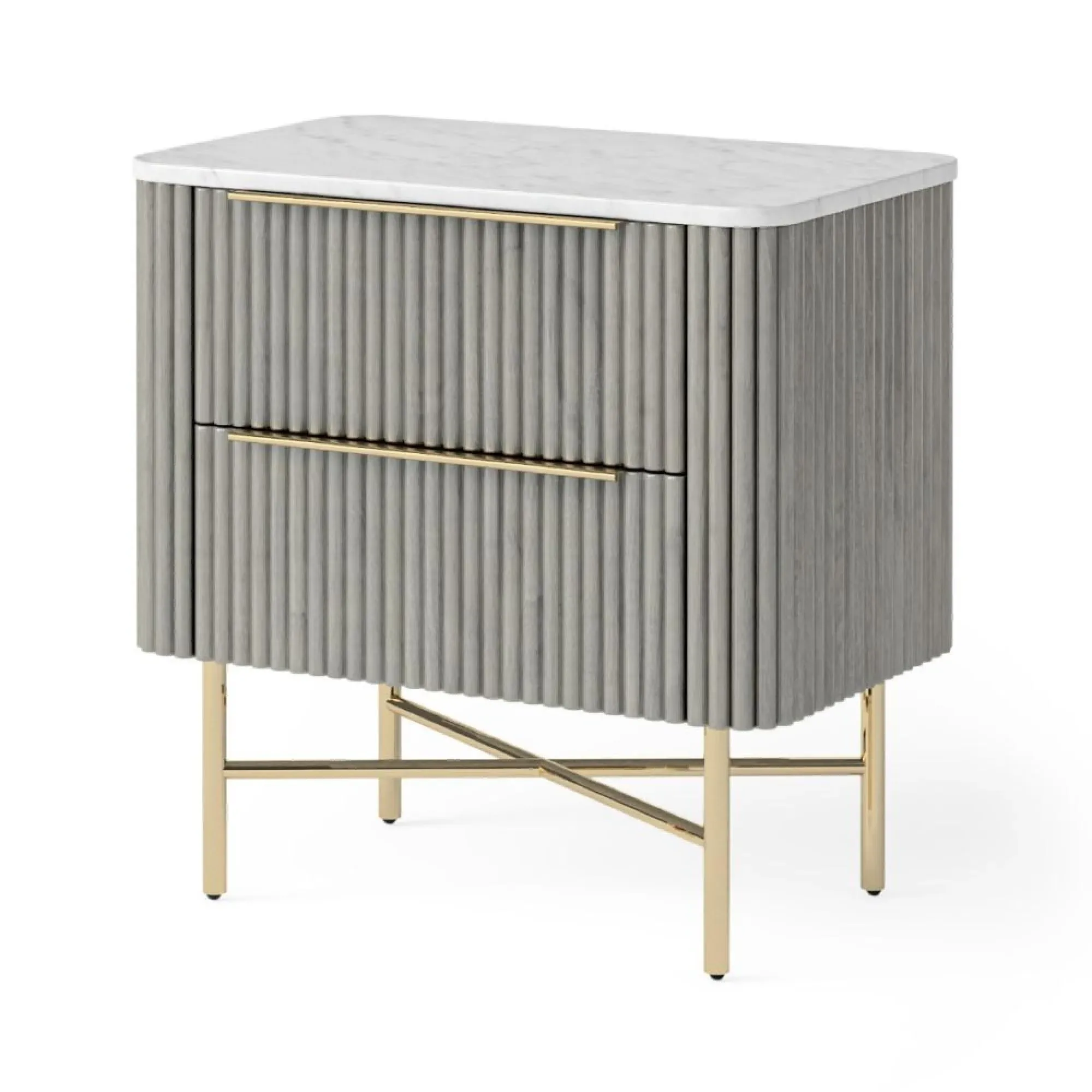 Isabella 2 Drawer Fluted Bedside Table - Grey, Marble