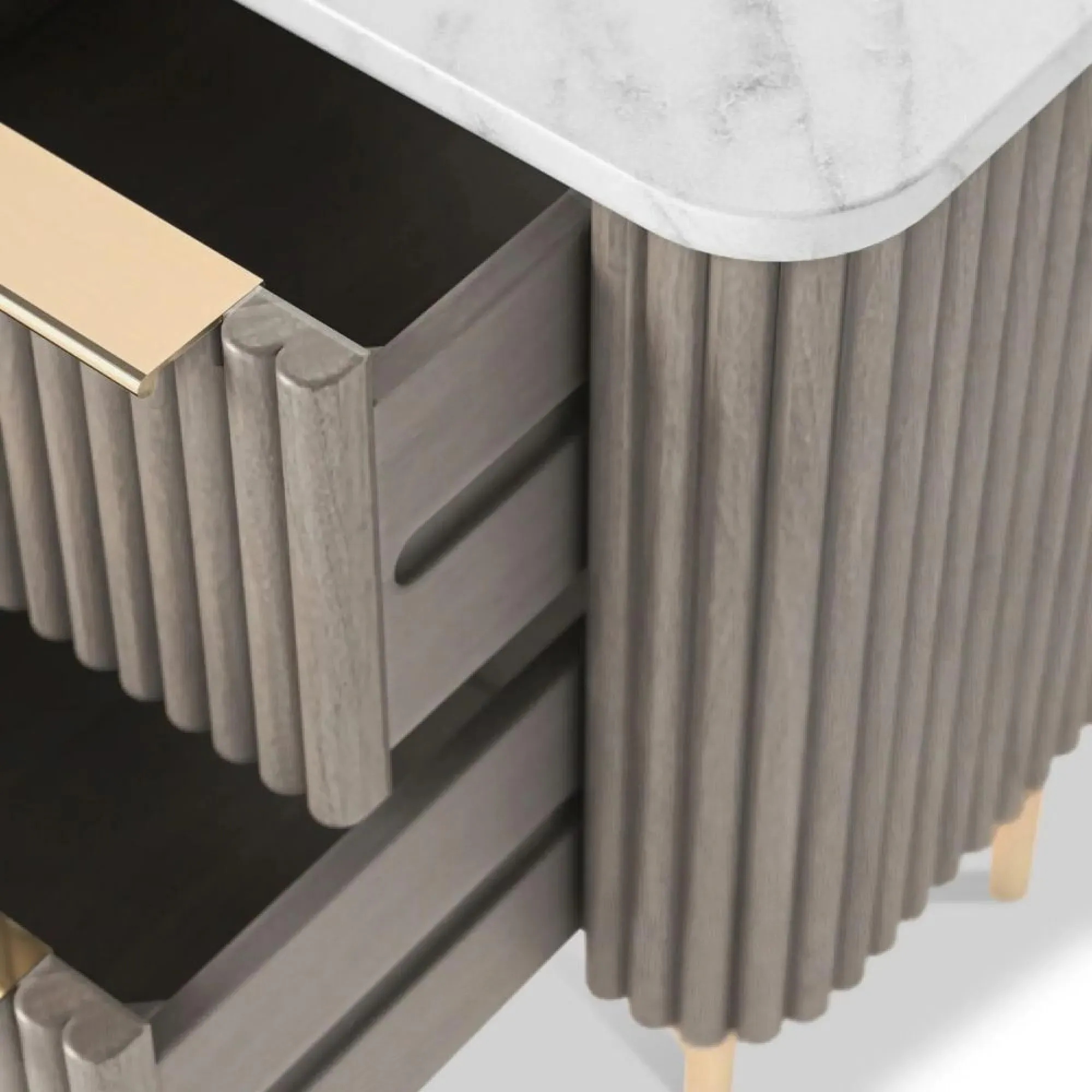 Isabella 2 Drawer Fluted Bedside Table - Grey, Marble