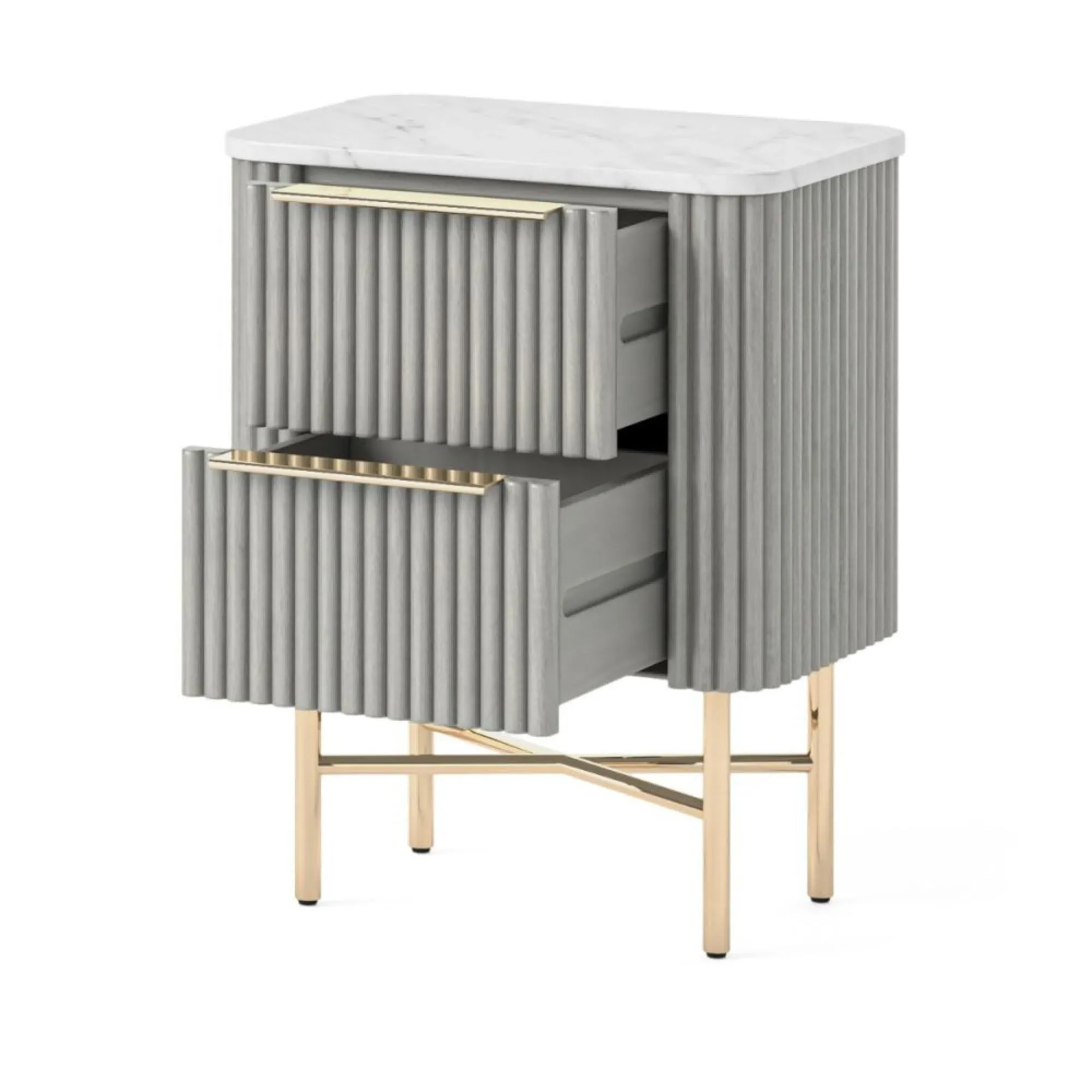 Isabella Narrow 2 Drawer Fluted Bedside Table - Grey, Marble