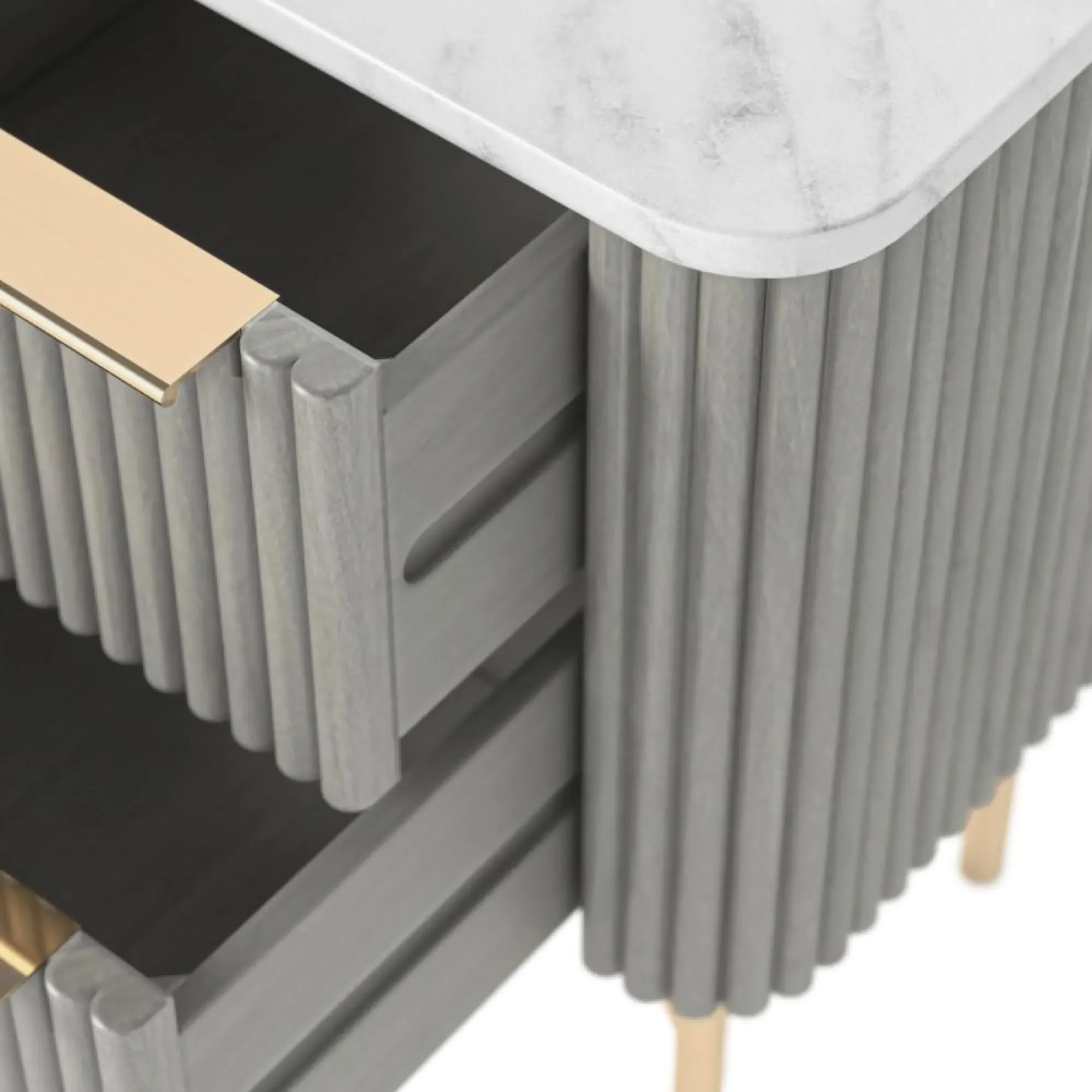 Isabella Narrow 2 Drawer Fluted Bedside Table - Grey, Marble