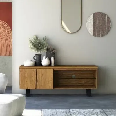 Jersey Oak Large TV Unit with Storage - Waxed Oak, Black image