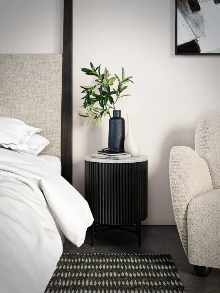 Lucas 1 Door Fluted Bedside Table - Black, Marble