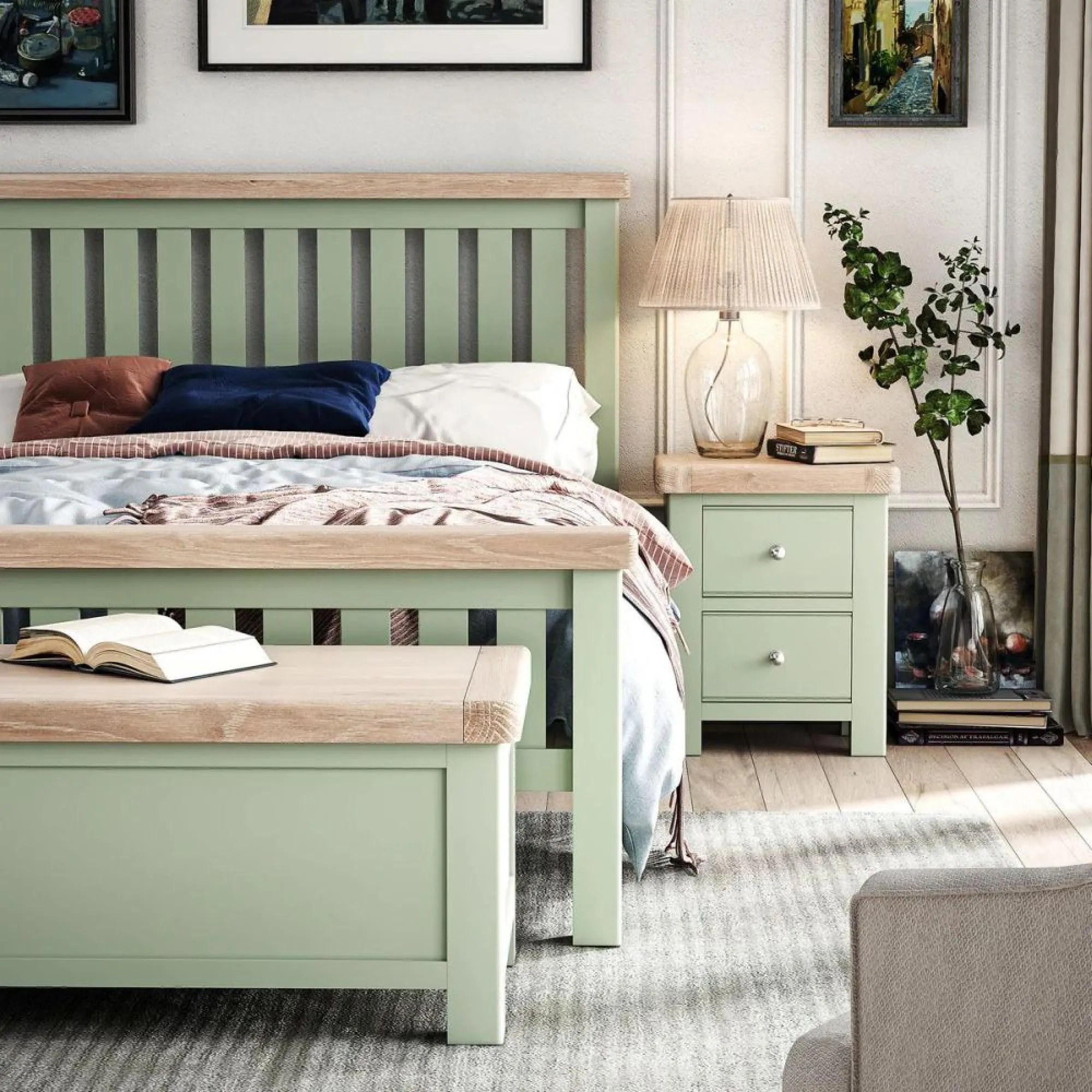 Salcombe 2 Drawer Bedside Cabinet - Sage, Oak