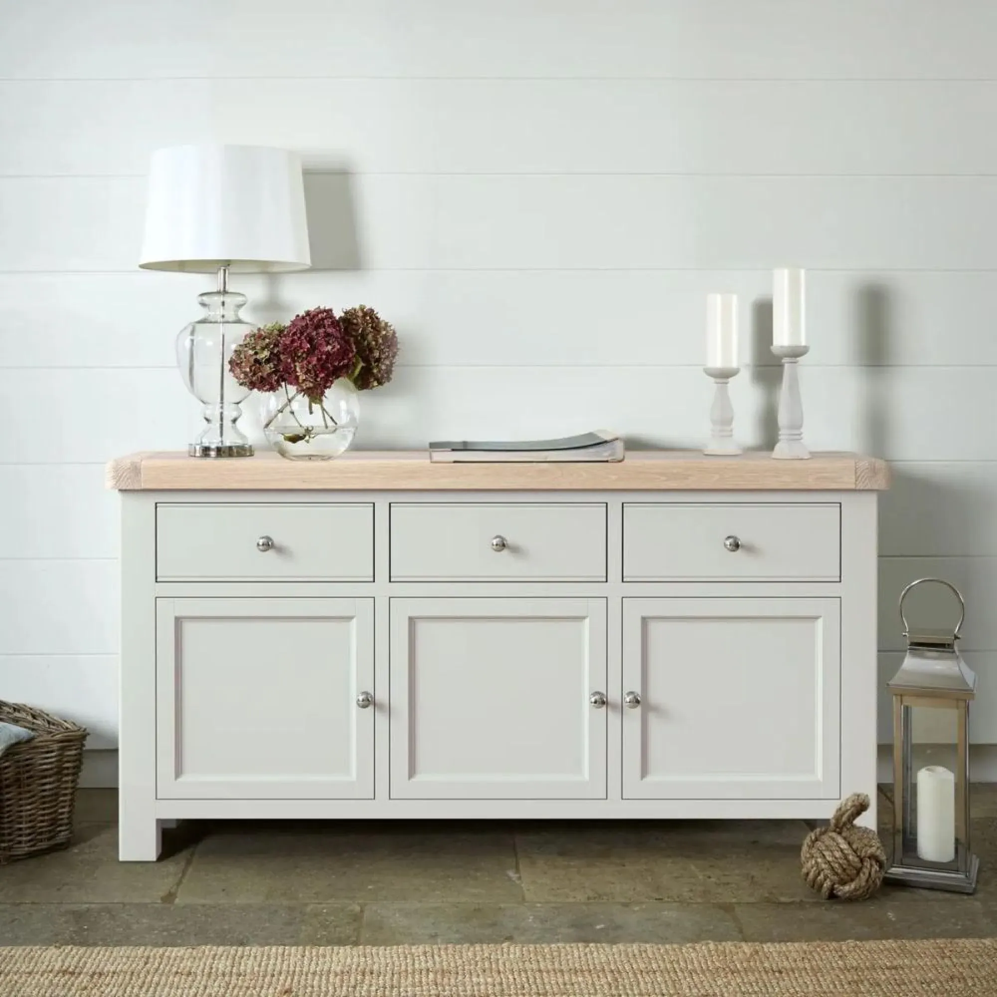 Salcombe 3 Door Large Sideboard - Stone Grey, Oak