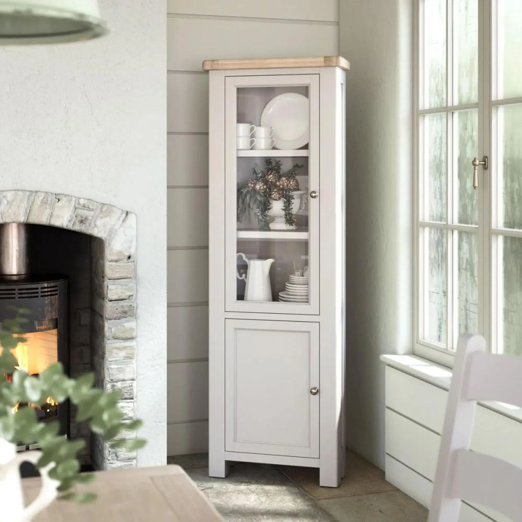 Salcombe Corner Display Cabinet - Stone Grey, Oak