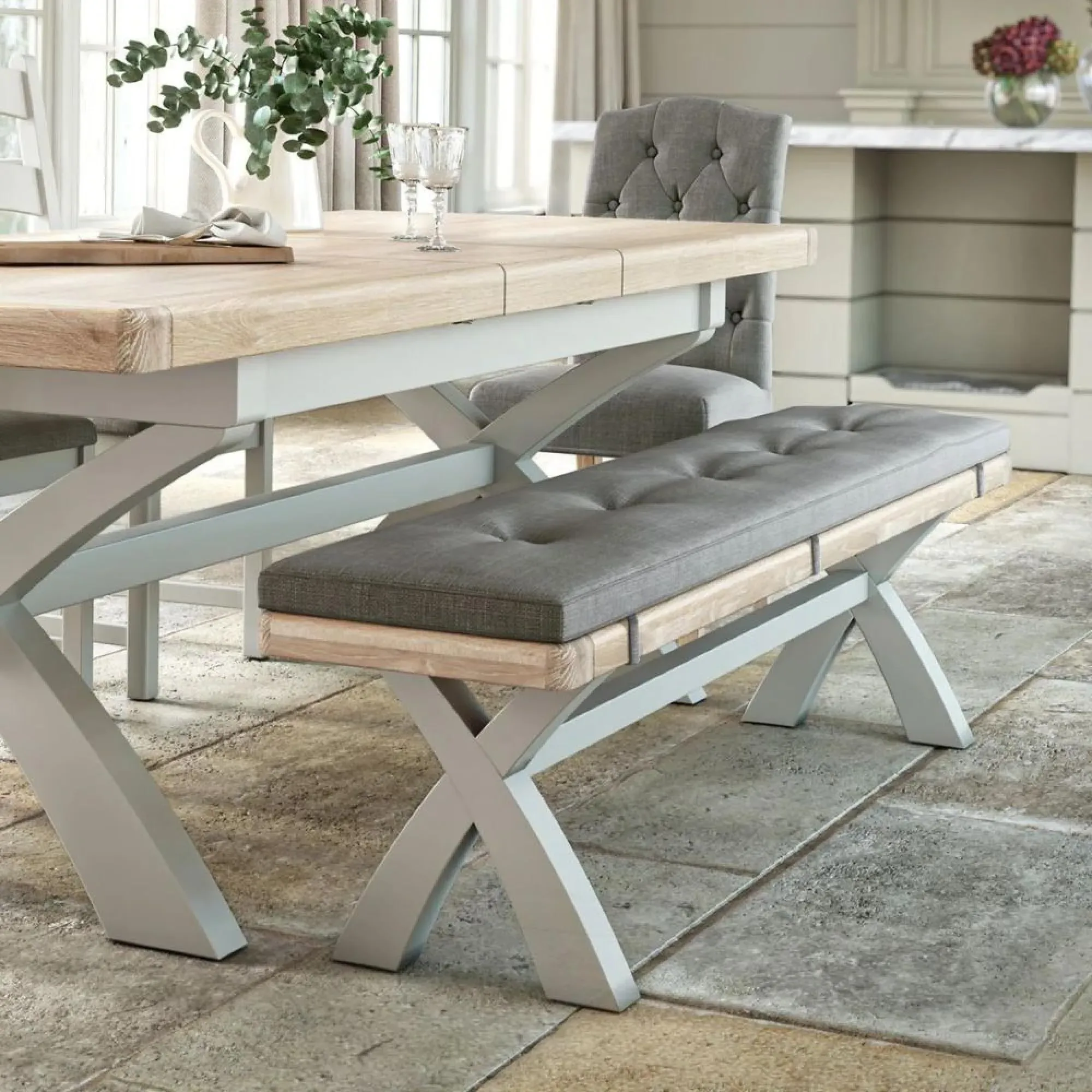 Salcombe Dining Bench with Cross Leg - Grey, Oak