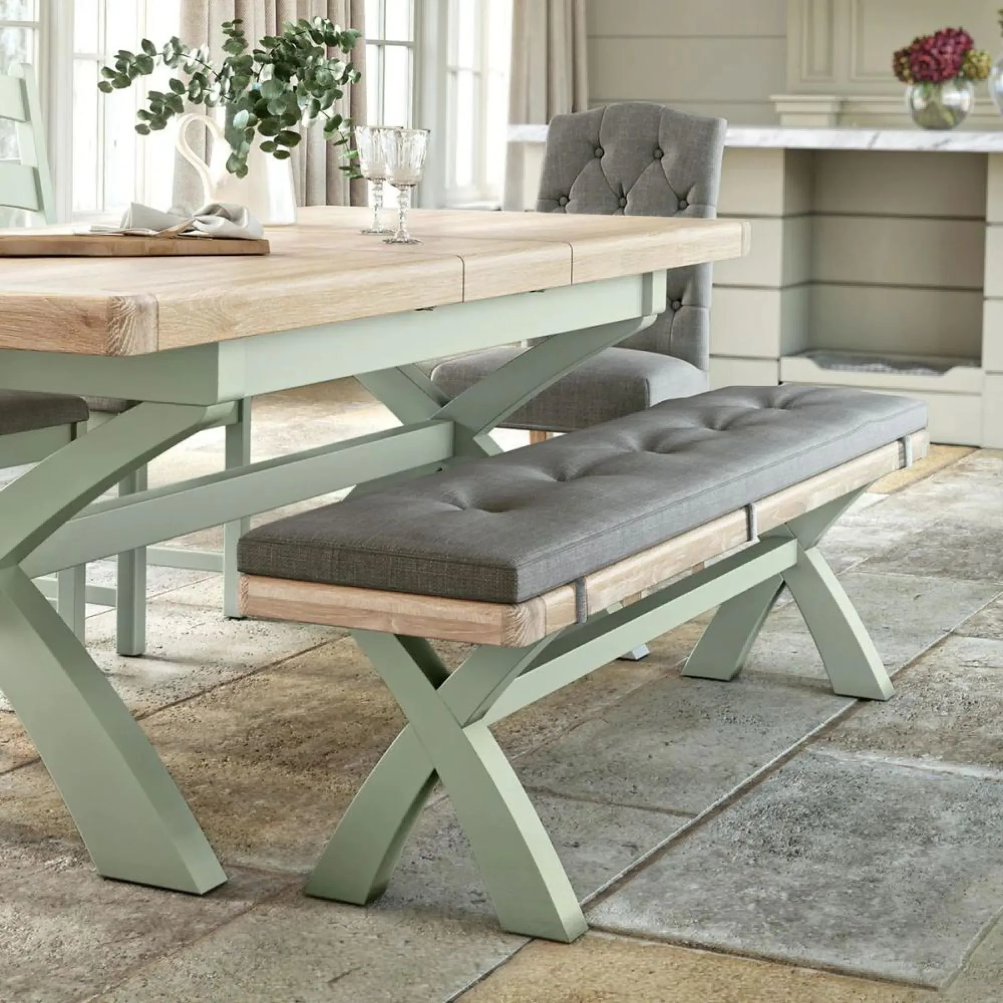 Salcombe Dining Bench with Cross Leg - Sage, Oak