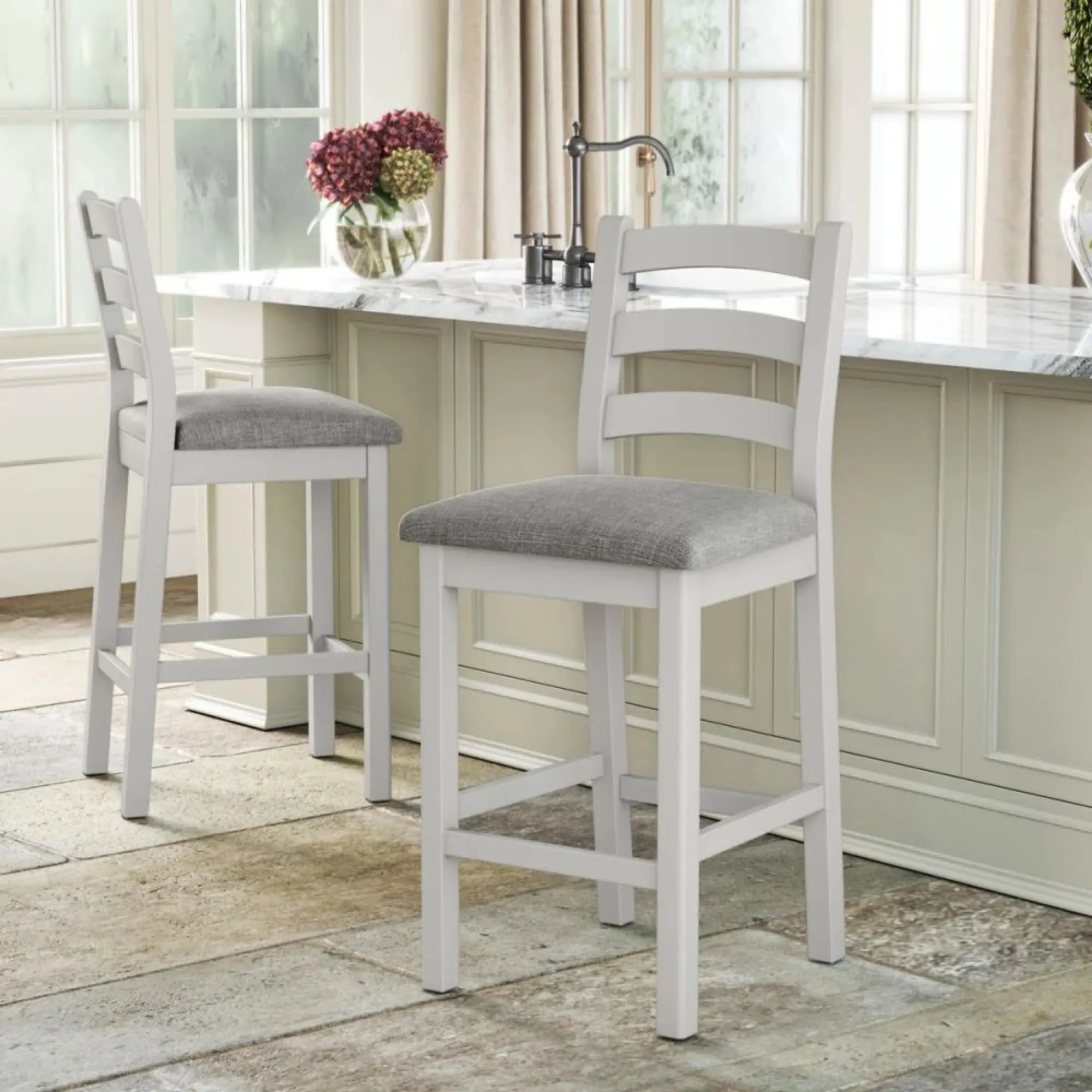 Salcombe Ladder Back Bar Stool - Stone Grey, Oak