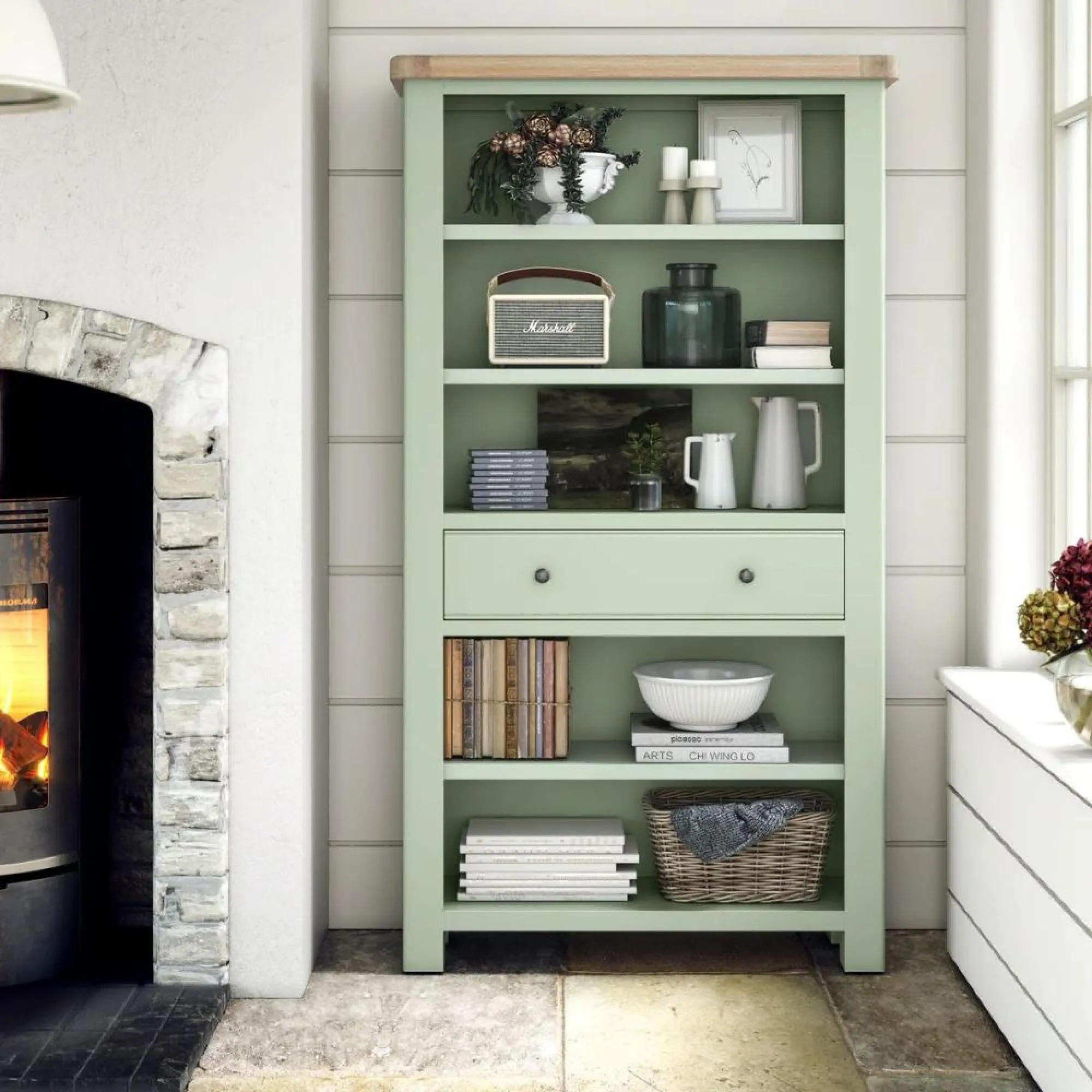 Salcombe Large Bookcase with Drawer - Sage, Oak
