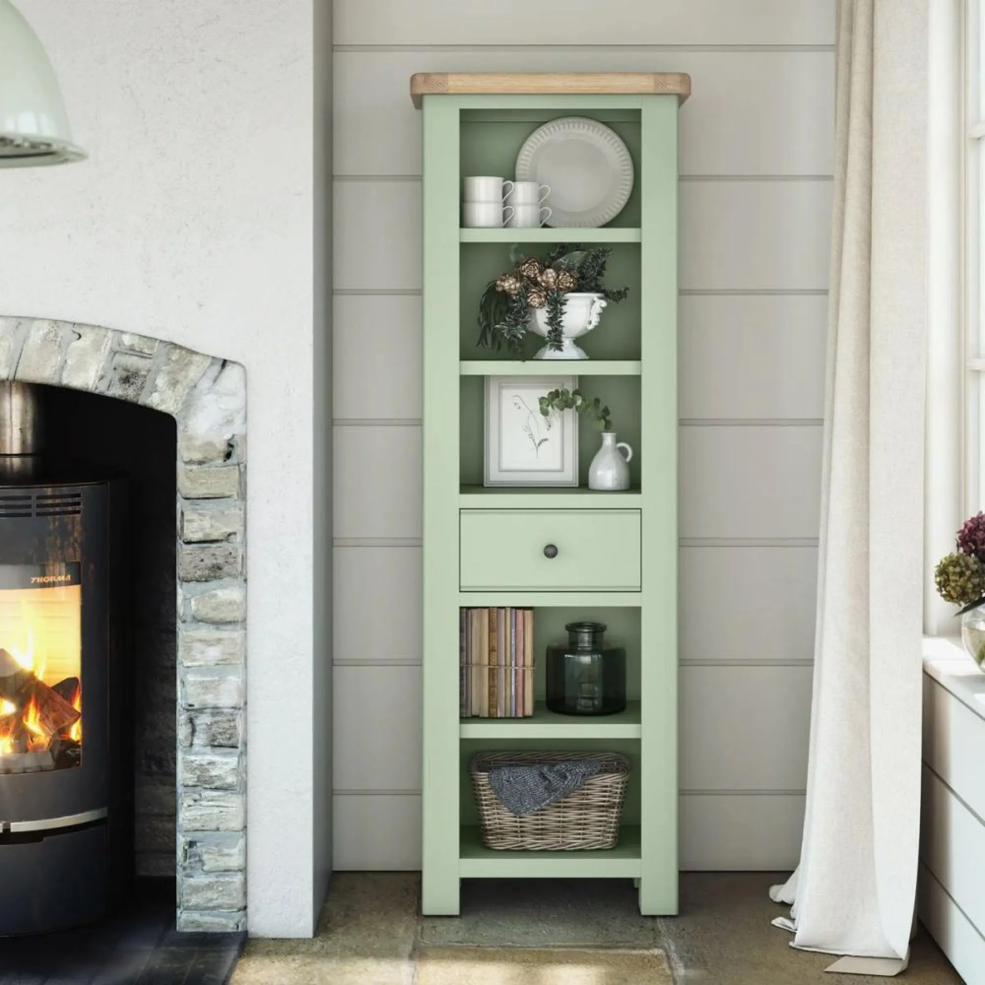 Salcombe Slim Bookcase with Drawer - Sage, Oak
