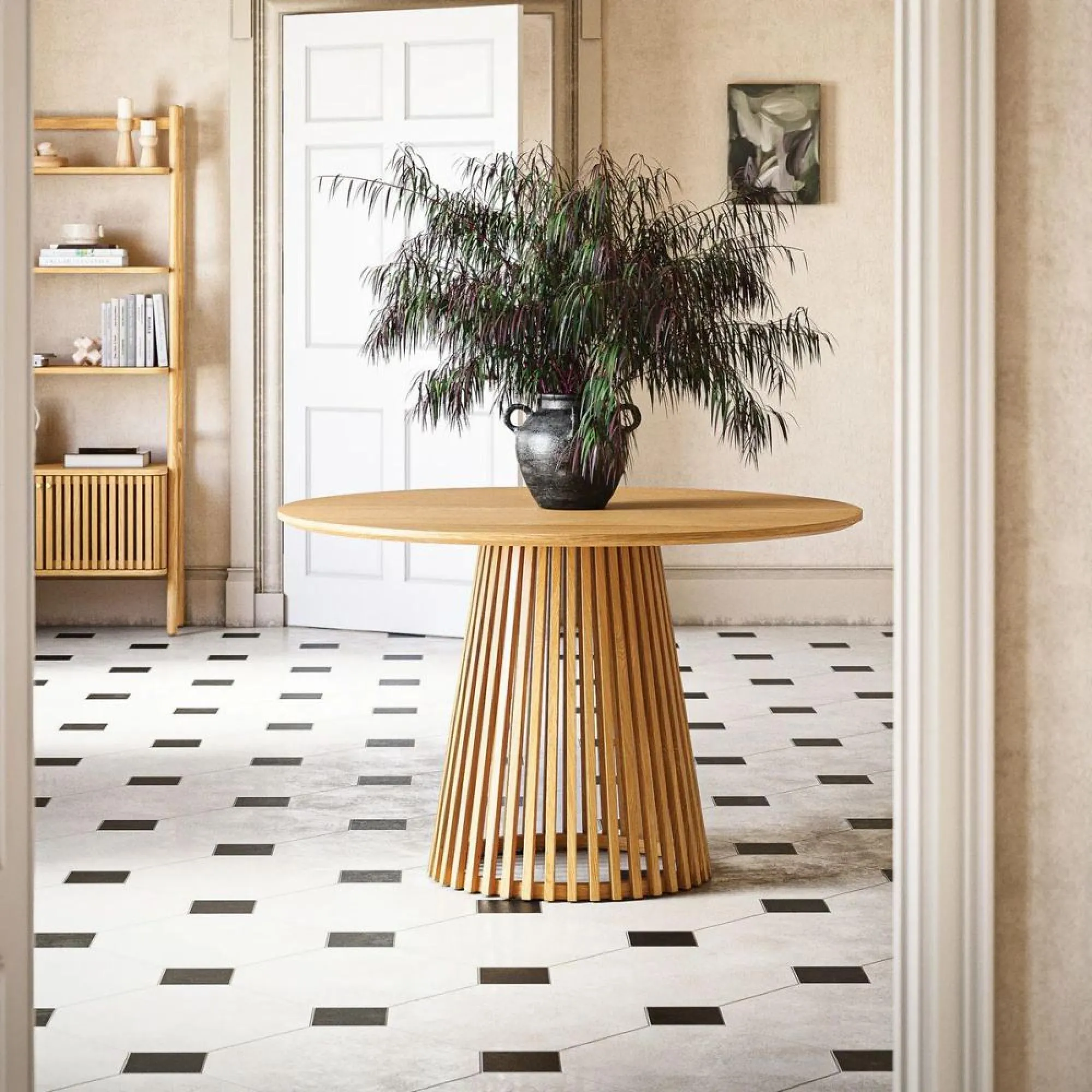 Soho 4 Seater Round Dining Table with Slatted Base - Oak