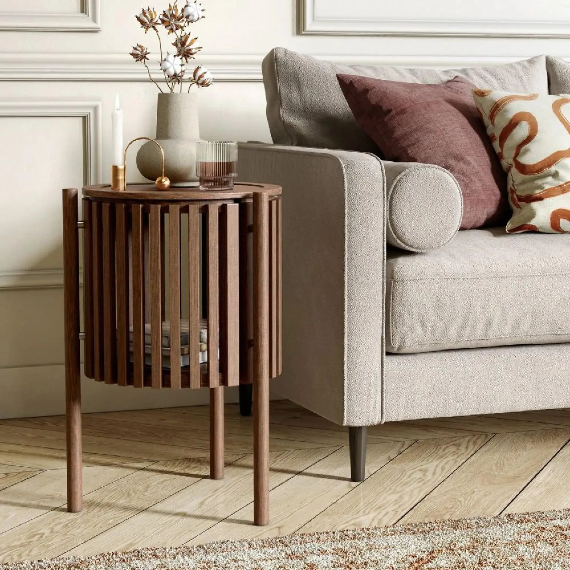 Soho Dark Oak Round Side Table with Storage - Dark Brown, Oak