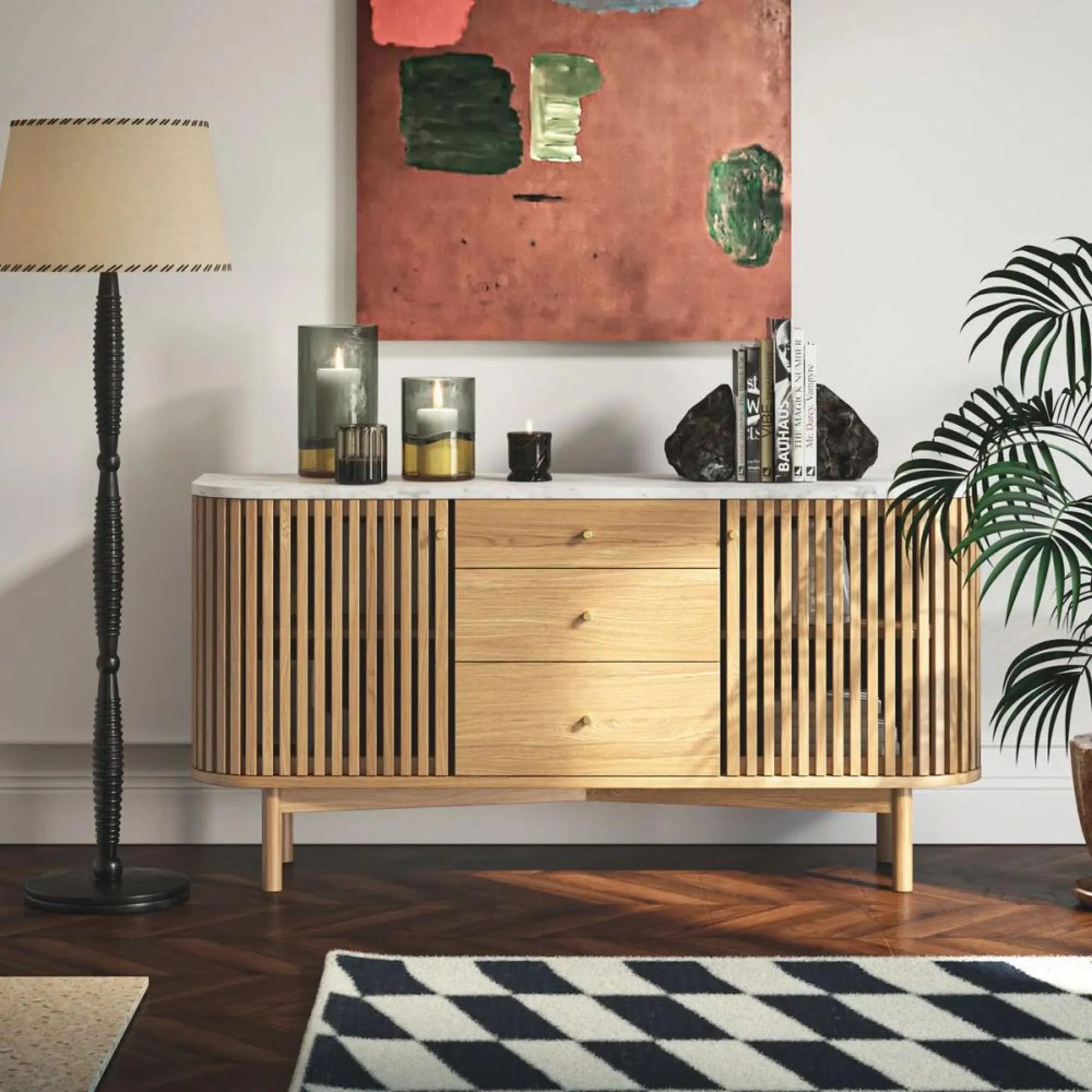 Soho Oak 2 Door Slatted Sideboard - White, Marble