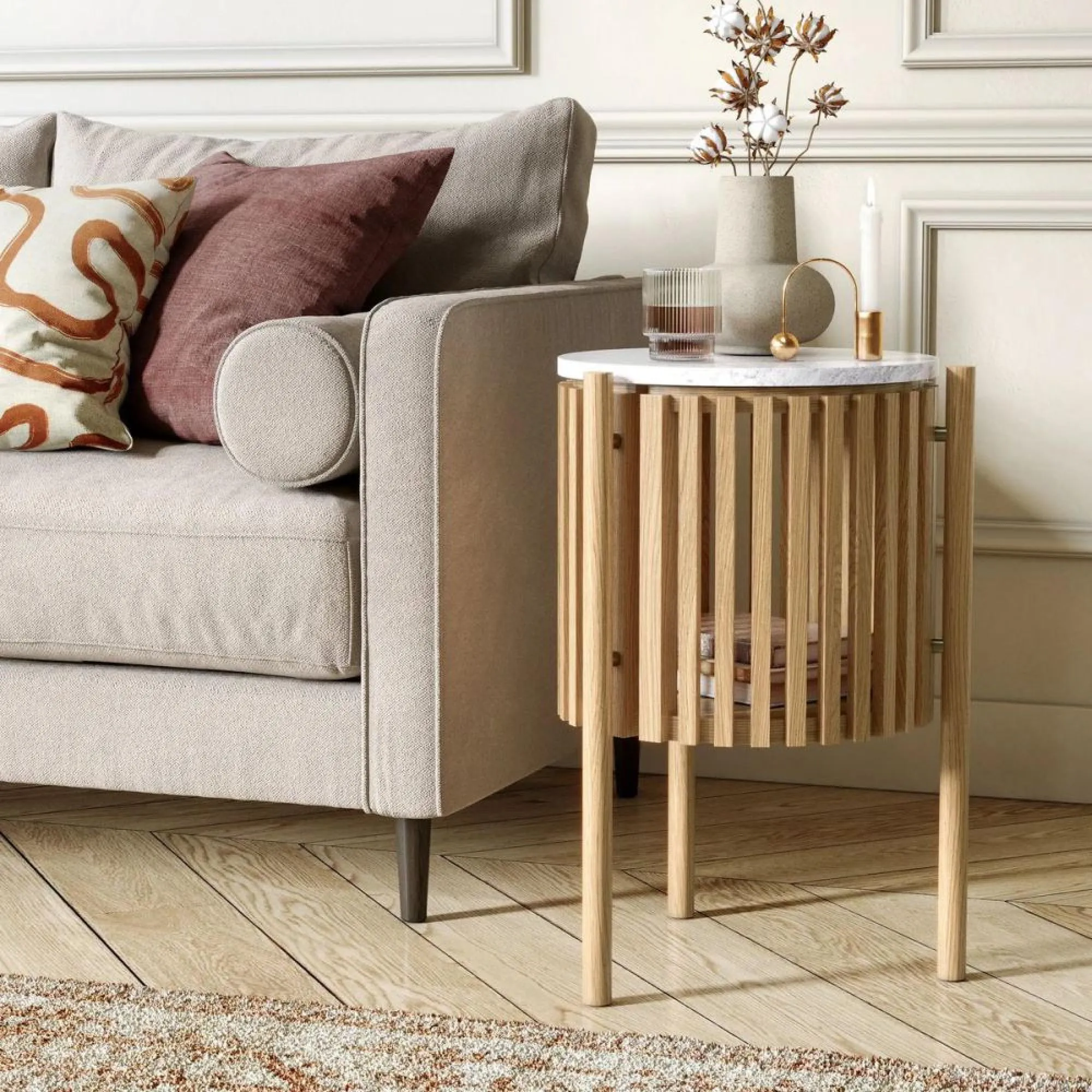Soho Oak Round Side Table with Storage - White, Oak
