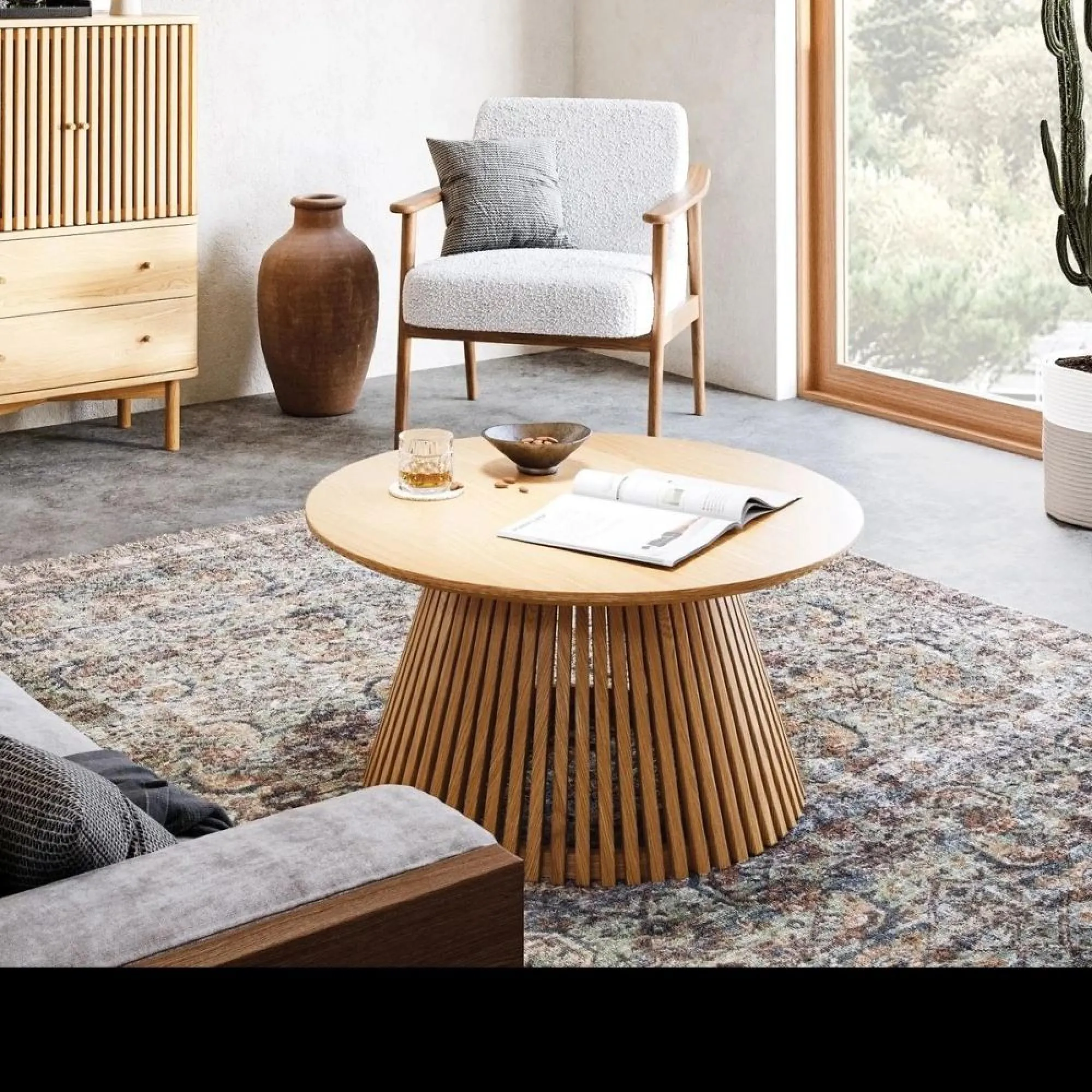 Soho Round Coffee Table with Slatted Base - Natural, Oak