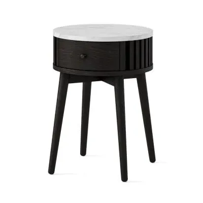 Soho Round Side Table with Drawer - Black, Marble