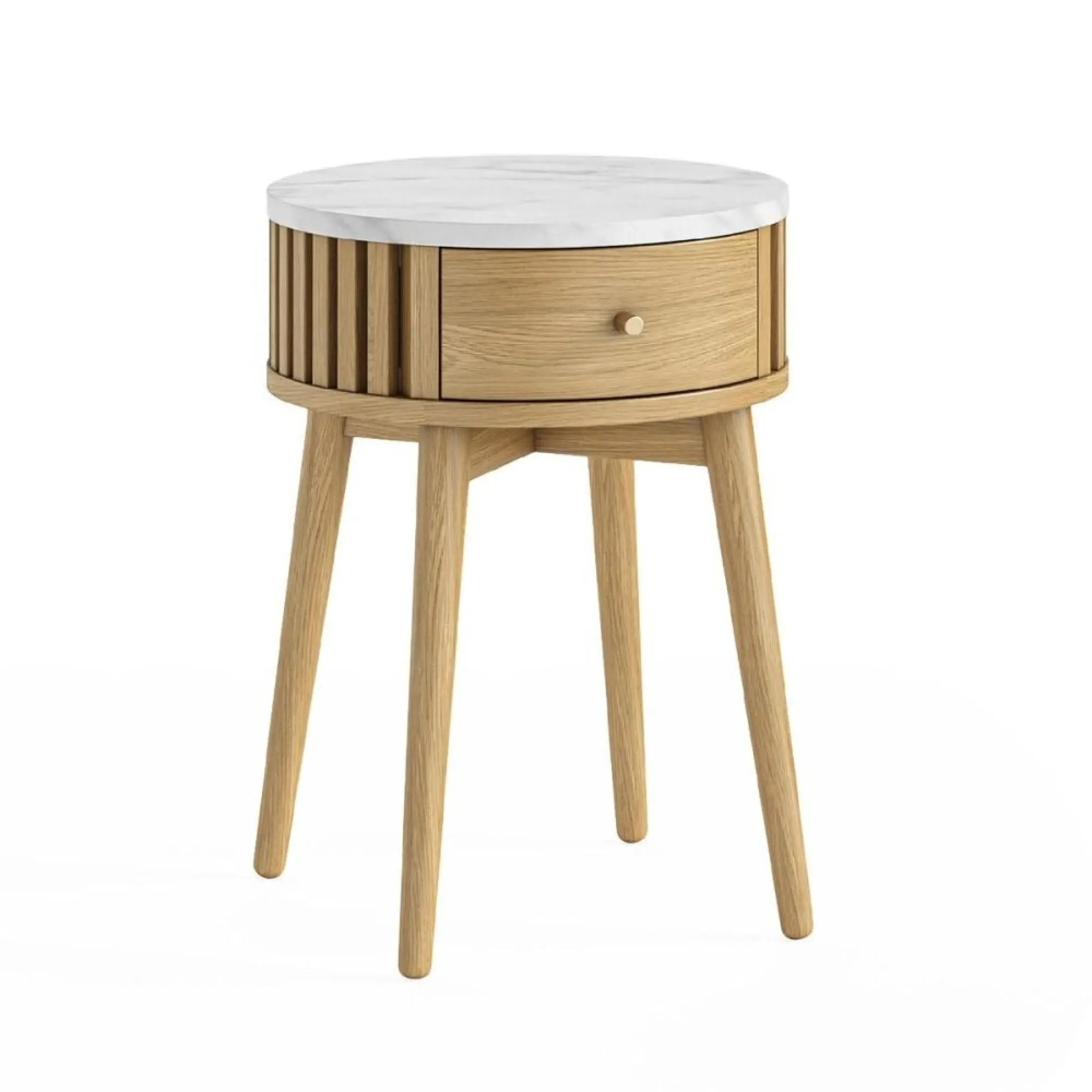 Soho Round Side Table with Drawer - Oak, Marble
