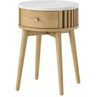 Soho Round Side Table with Drawer - Oak, Marble
