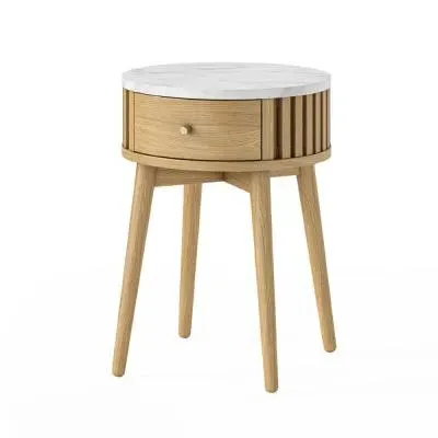 Soho Round Side Table with Drawer - Oak, Marble