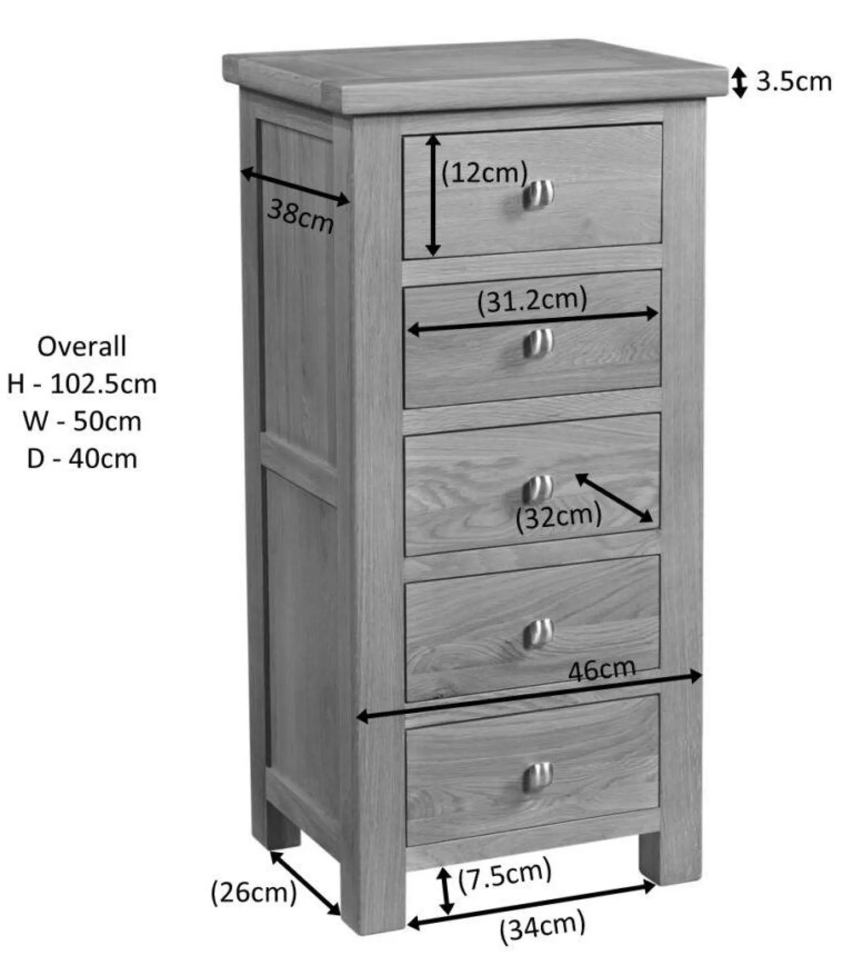 Original 5 Drawer Narrow Chest - Rustic Oak