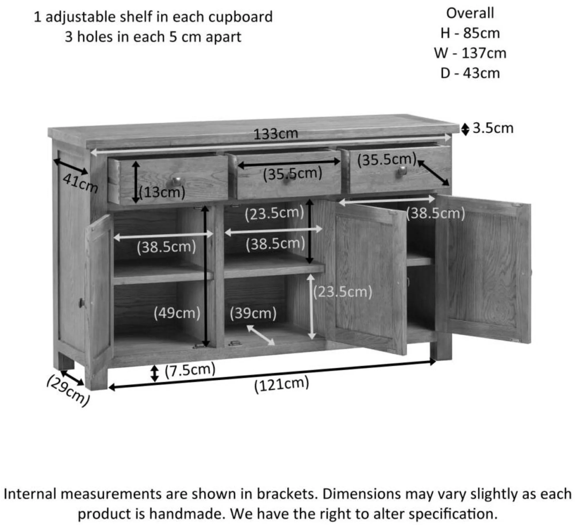Original Rustic Oak 137cm 3 Door Sideboard - Rustic Oak