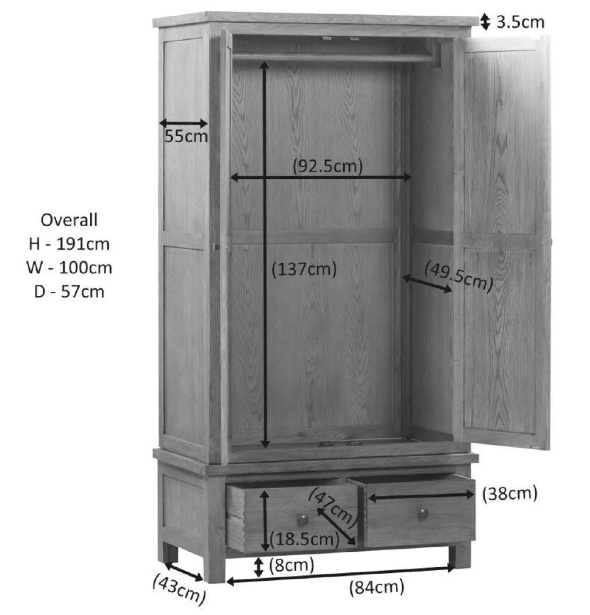 Original Rustic Oak 2 Door 2 Drawer Double Wardrobe - Rustic Oak