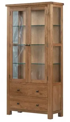 Original Rustic Oak 2 Door 2 Drawer Glazed Display Cabinet - Oak
