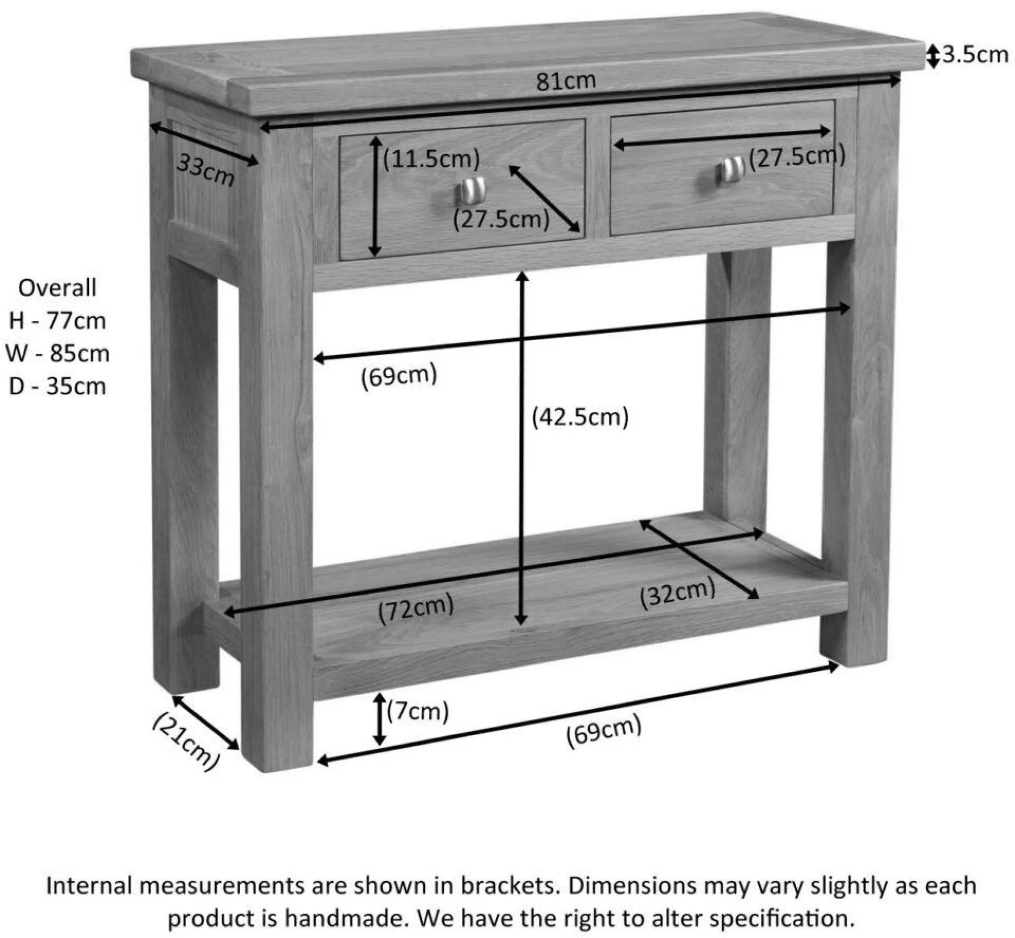 Original Rustic Oak 2 Drawer Console Table - Rustic Oak