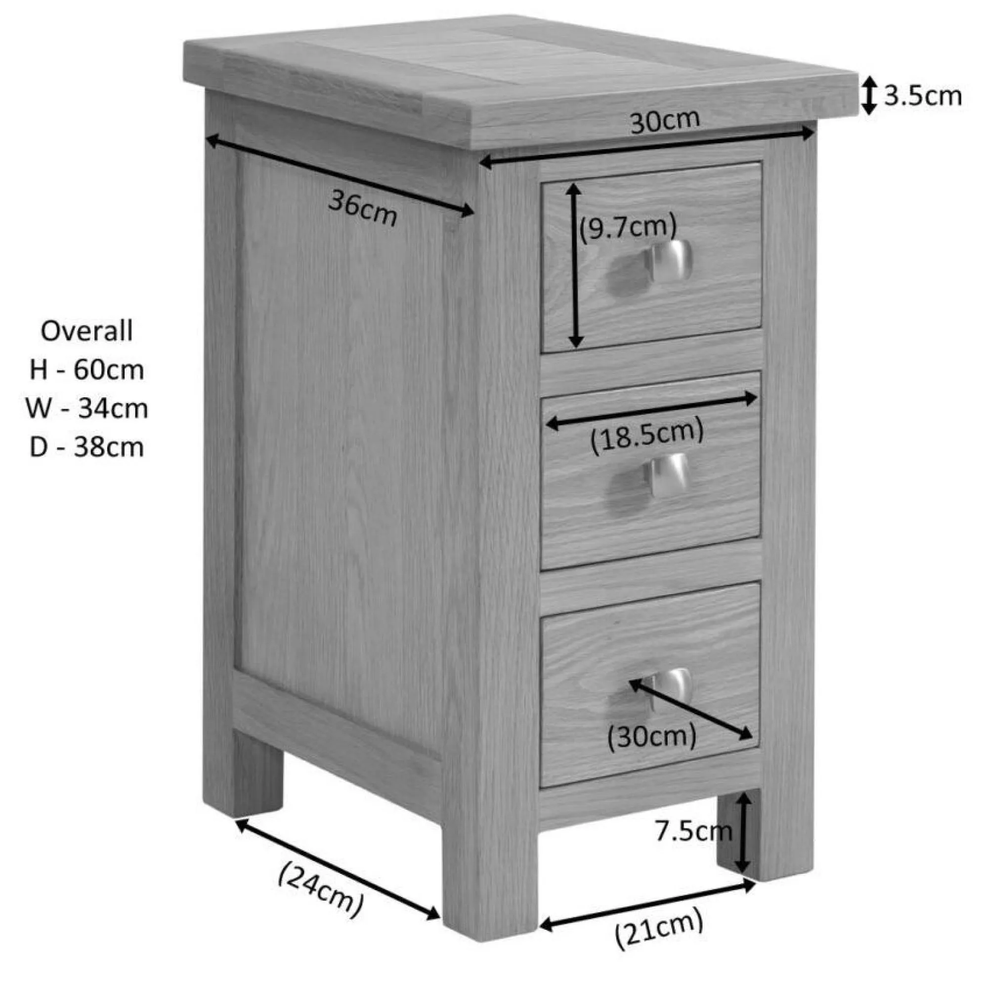 Original Rustic Oak 3 Drawer Compact Bedside Cabinet - Rustic Oak