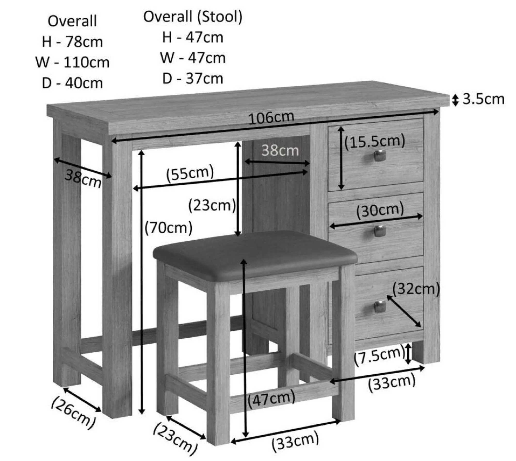 Original Rustic Oak 3 Drawer Dressing Table Set - Rustic Oak