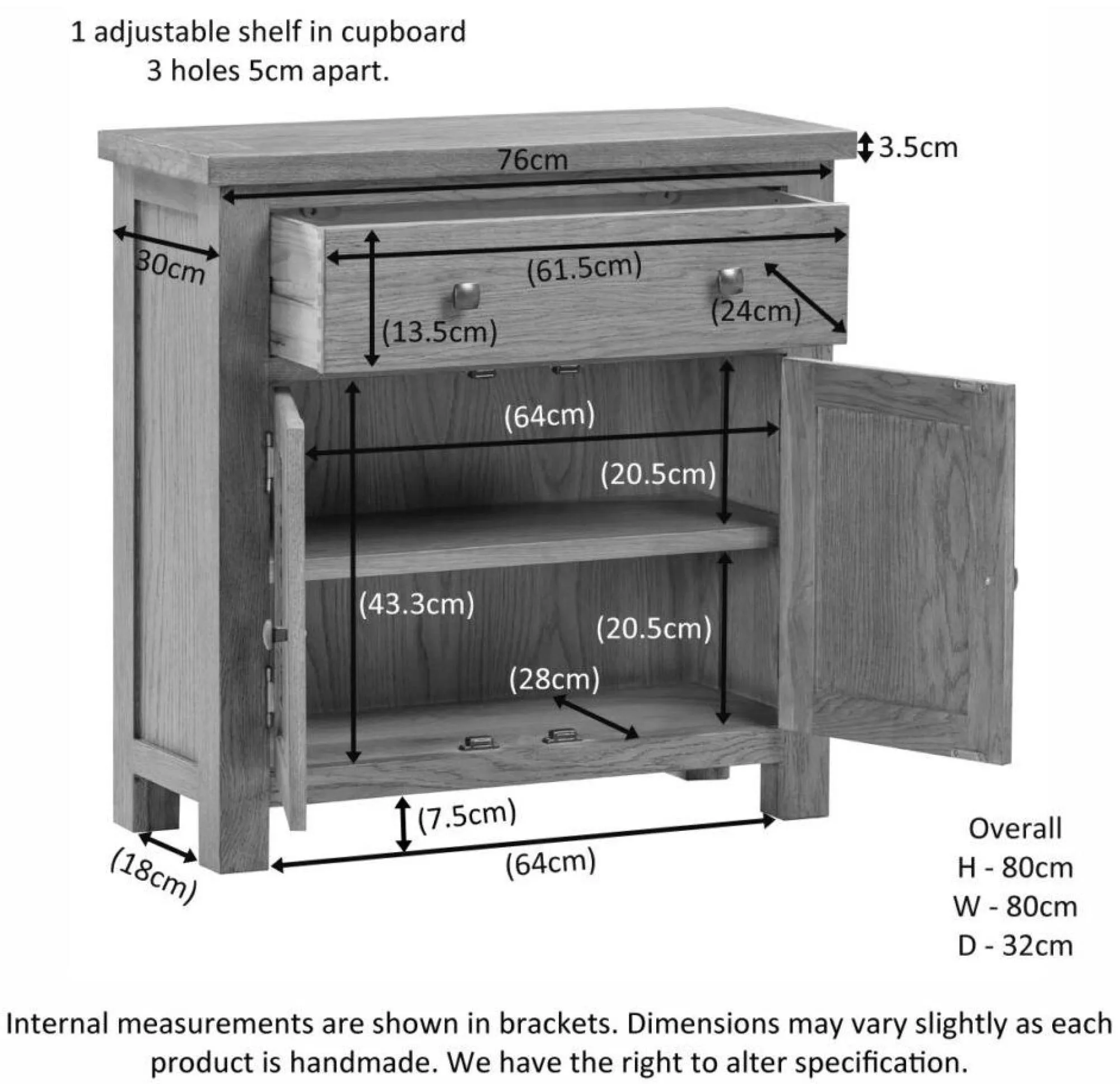 Original Rustic Oak 80cm 2 Door Sideboard - Rustic Oak