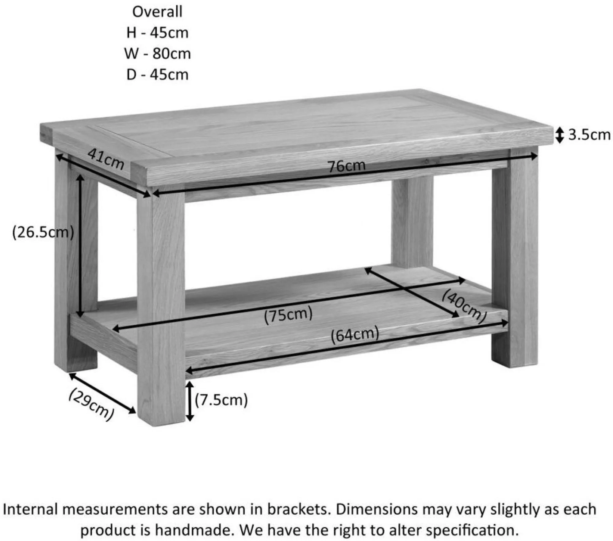 Original Rustic Oak 80cm Coffee Table with Shelf - Rustic Oak