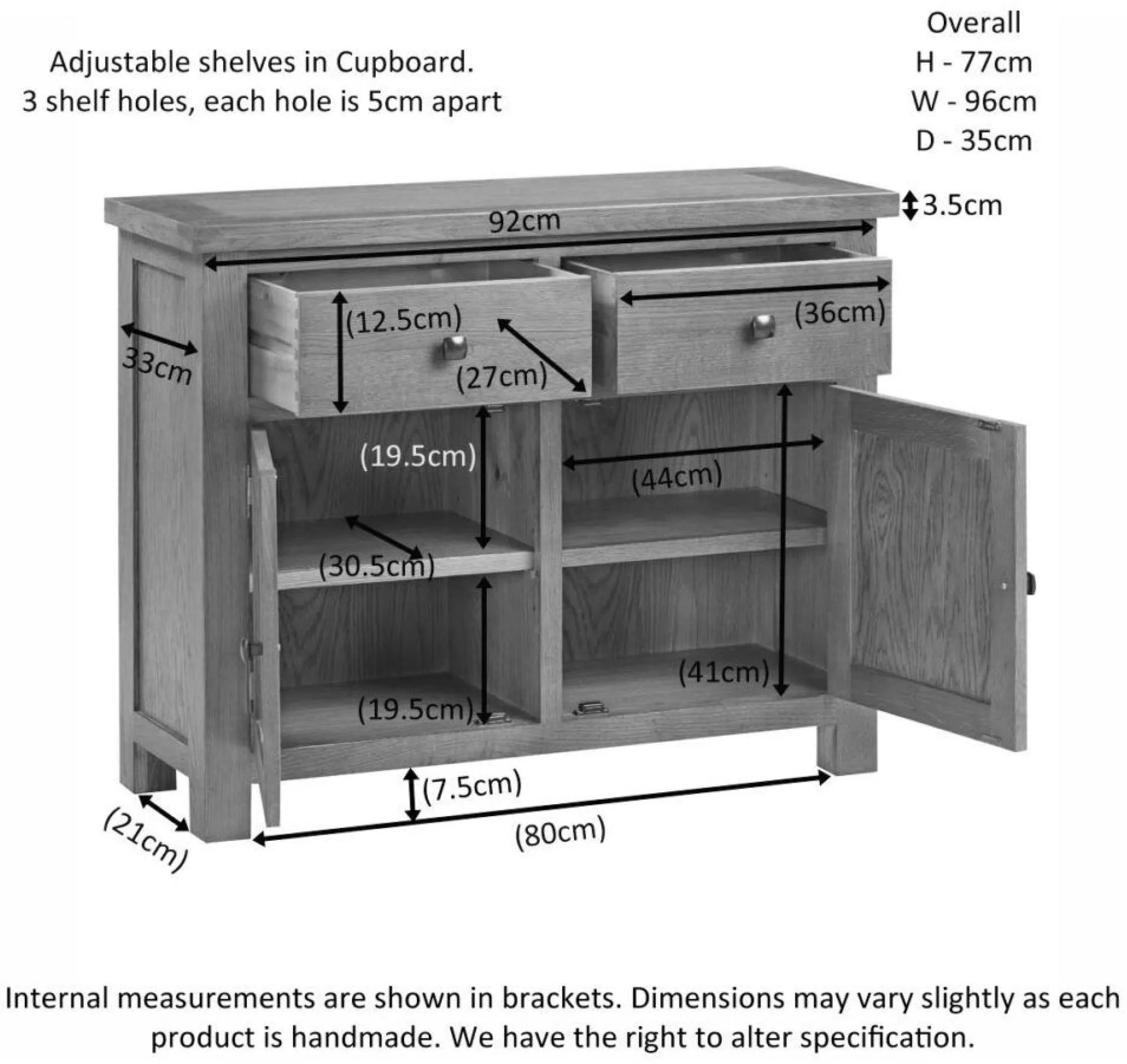 Original Rustic Oak 96cm 2 Door Sideboard - Rustic Oak