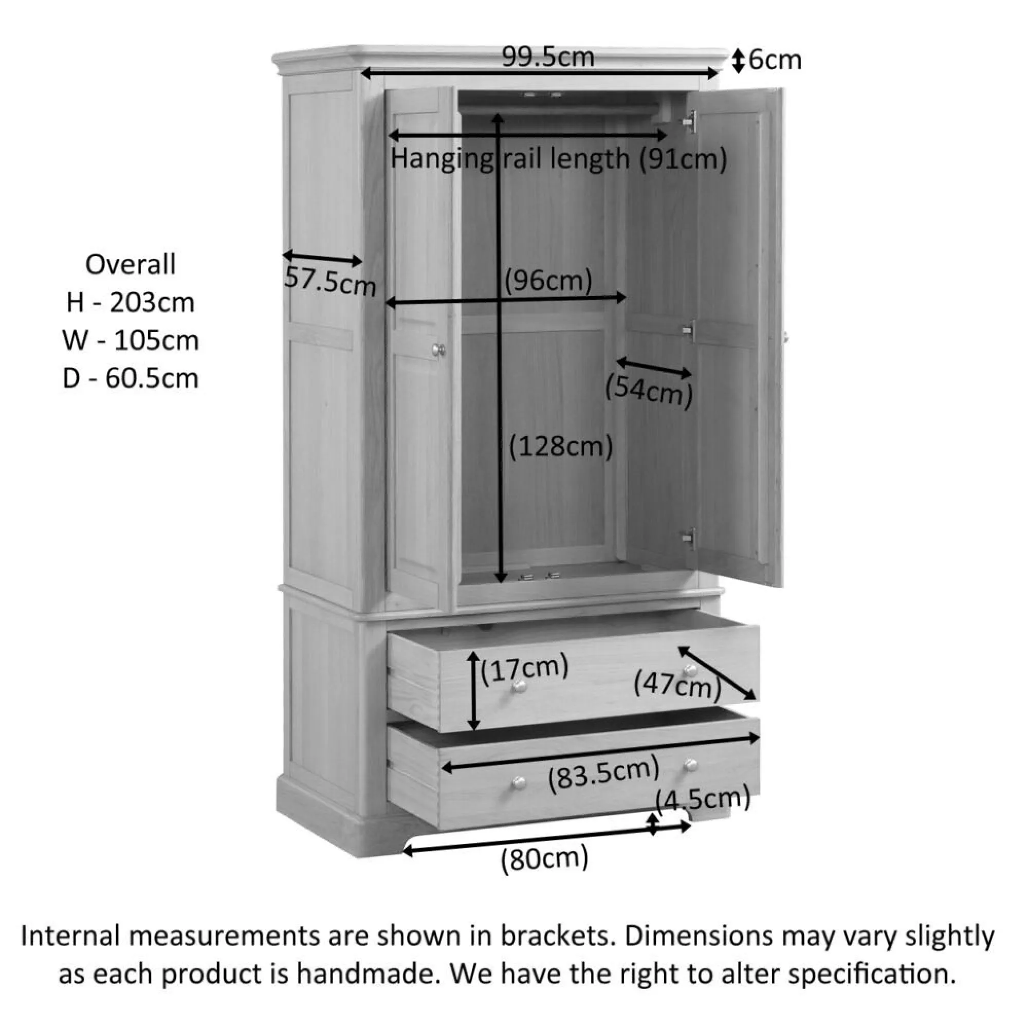 Romford Oak 2 Door 2 Drawer Double Wardrobe - Pale Oak