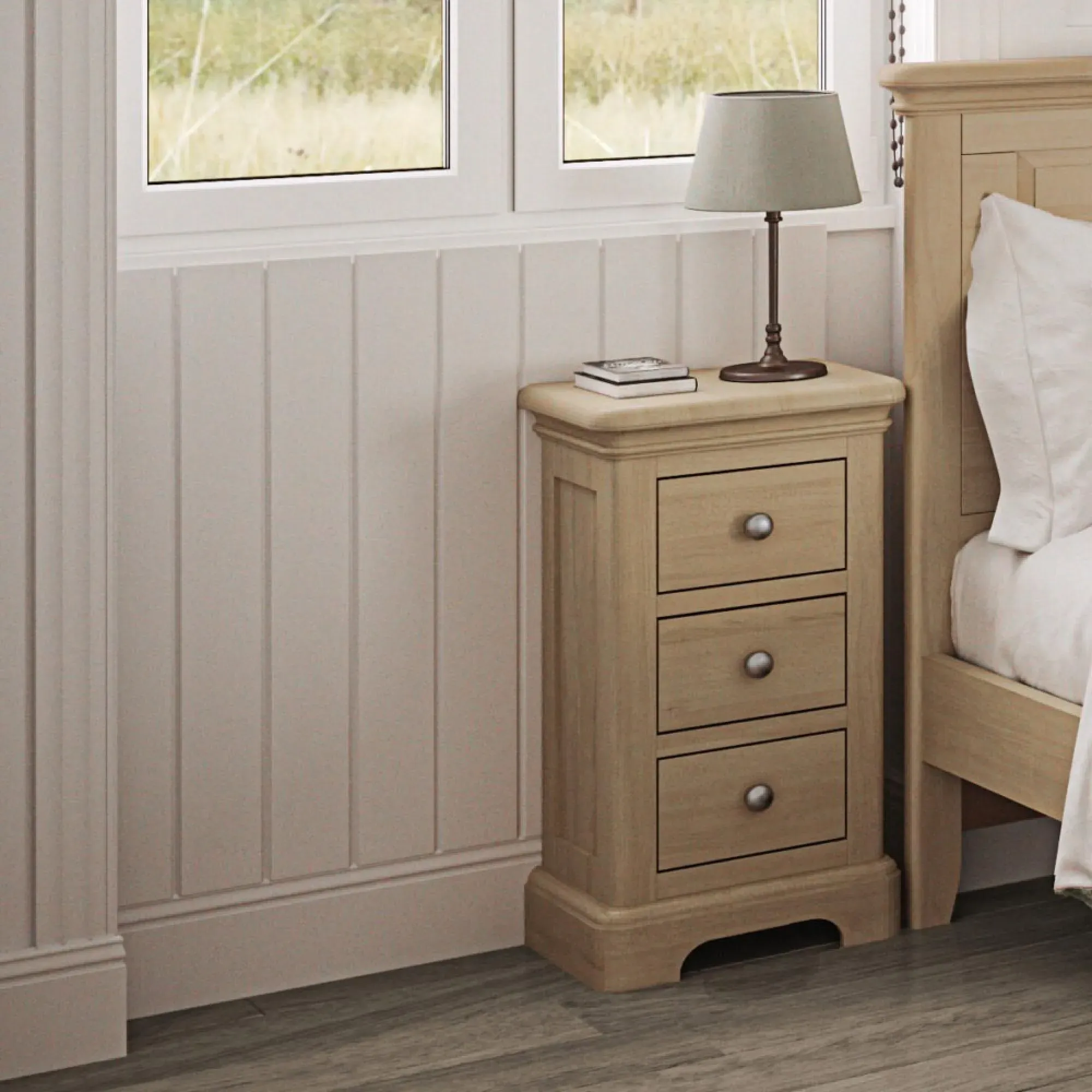 Romford Oak 3 Drawer Bedside Cabinet - Pale Oak